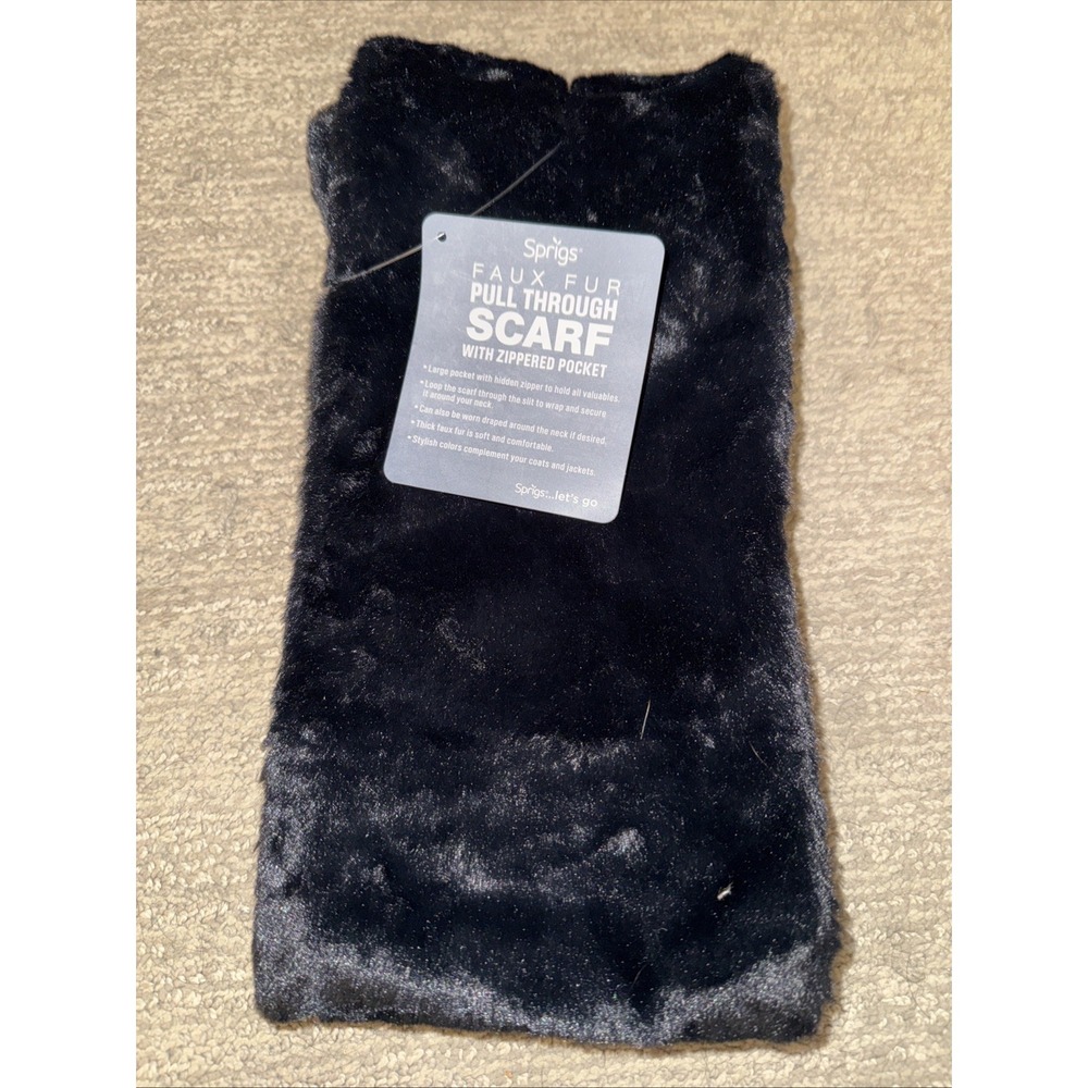 Sprigs Faux Fur Pull Through Scarf With‎ Secret Pocket Black New Very Soft